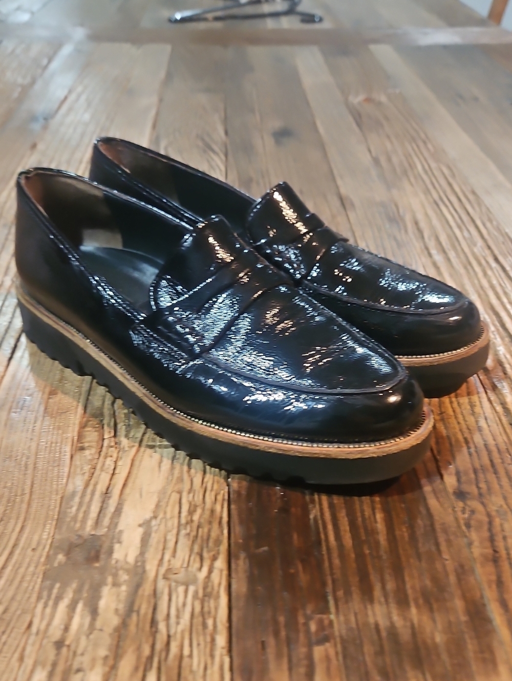 Paul Green Black Patent Leather Lug-Sole Penny Loafers